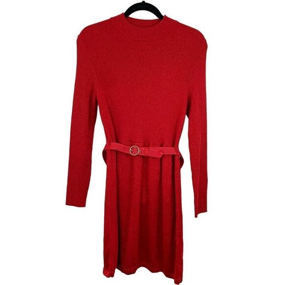 Free People Red Knit Sweater Belted Mini Dress Long Sleeve - Picture 2 of 14